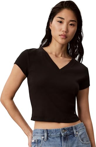 Calvin Klein Camiseta de Manga Corta Mujer Woven Label Rib tee con Cuello de Pico