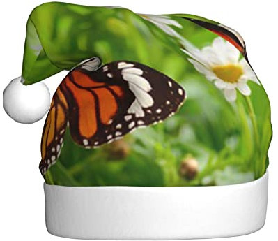 VYONNE Weihnachtsmütze mit Schmetterling auf Gänseblümchen, für Erwachsene, Feiertage, festliche Partys, Unisex, saisonale lustige Kopfbedeckung, das ultimative Winterwärme-Geschenk in leuchtendem Rot
