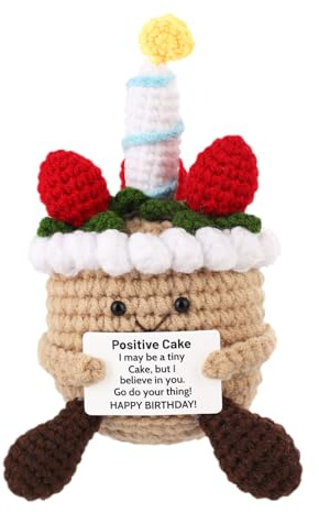 TOYMIS Pastel de Crochet Positivo, Pastel de Cumpleaños de Crochet Comida de Crochet Positiva Muñeco Apoyo Emocional para Regalo Motivacional Hogar Oficina Automóvil Decoración(Caqui)