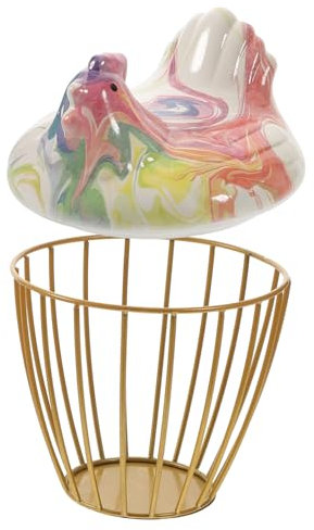 VOSAREA Ceramic Kitchen Storage Basket Hen Shape Egg Container Small Size with Gold Vertical Stripes Hand-painted Artwork Household Egg Basket for Fruit and Vegetable Organization