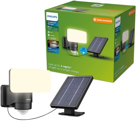 Philips Tylus ultraeffiziente Solar-Sicherheitsleuchte für den Außenbereich mit Sensor, 5000K Tageslicht, 1000/50lm, Schwarz