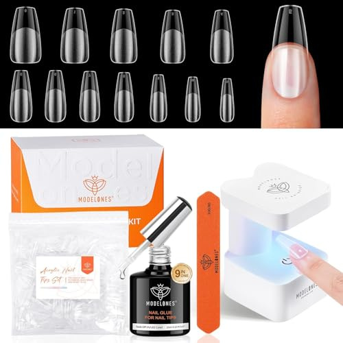 modelones Nagelnaglar och gellim set, 9-i-ett nagellim och mini-UV-nagellampa, 216 stycken, 12 storlekar, nagelspetsar set för naglar