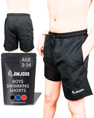 JIMJOOS Badbyxor för pojkar (3-10 år) – snabbtorkande badbyxor med justerbar dragsko och boxershorts nätfoder – badshorts för barn med fickor, Svart, en storlek