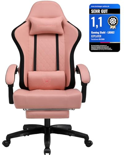 GTPLAYER Gaming Stuhl Ergonomischer Gaming Sessel Schreibtischstuhl mit Stoffoberfläche, Federsitzkissen, Verbindungsarmlehnen und Fußstütze 150KG, Schwarz-Rosa