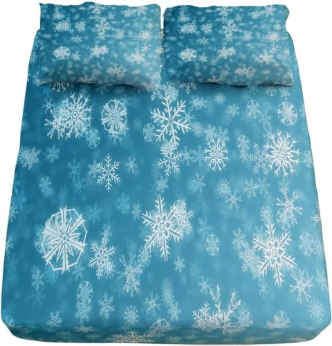 Schneeflocke Spannbettlaken 180x200cm Winter Bettlaken 3D Erwachsener Spannbetttuch 180x200 Spannbetttücher Topper 30 cm Höhe Weiche Mikrofaser mit 2 Kissenbezügen a.2381