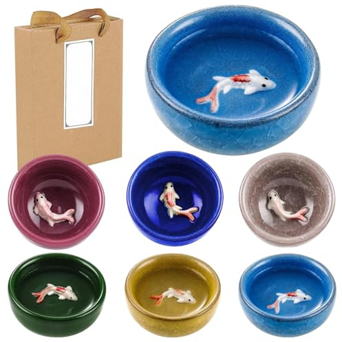 yeeplant Juego de 6 vasos coreanos de cerámica, vasos de chupito de té de porcelana con diseño de pez koi y acabado de esmalte agrietado, compactos y vasos para hogares, restaurantes