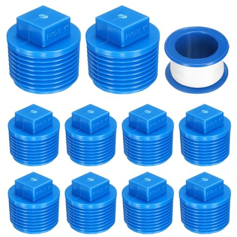 sourcing map 10Pcs 1 Inch PT Male Thread PVC Pipe Fitting Plug, Cleanout Plugs, Water Drain End Caps Coupling Adapter with Tape for Water Heater Supply Lines, Plumbing, Blue