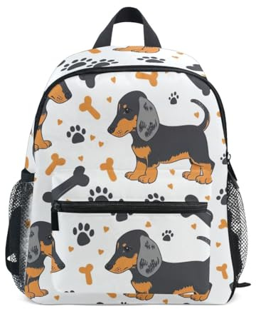 RPLIFE Rucksack mit Dackel-Motiv, für Jungen, Mädchen, Kinder, Schulrucksäcke mit Namensschild, Mini, 3–8 Jahre, Schwarz / Orange, Dackel-Hunde, Schwarz / Orange, Medium, Niedliche Rucksäcke