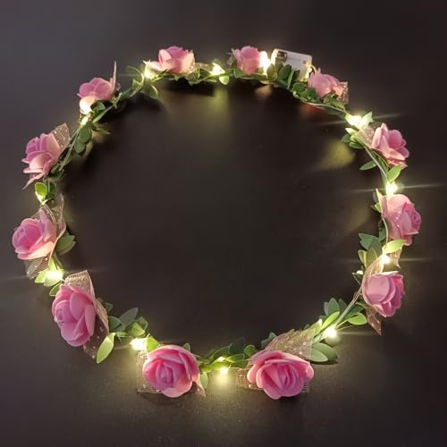 AWSOLAR 8Pcs Blumenkranz Haare LED, Rosa LED Blumenkranz mit Licht | Blumenkranz Haare für Brautschmuck, Festival, Party
