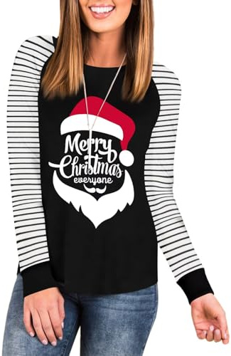 LACOZY Womens Long Sleeve Merry Christmas T-Shirts Casual Merry and Bright Graphic Tee Christmas Tree Tops Santa Hat M