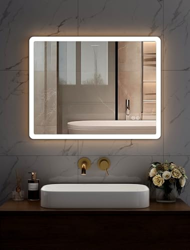 HOROW LED Badspiegel mit Beleuchtung 80x60 cm, Dimmbar, Antibeschlag | Badezimmerspiegel ohne Rahmen mit Touch-Schalter, 3 Lichtfarben, energiesparende LED Wandspiegel für moderne Badezimmer
