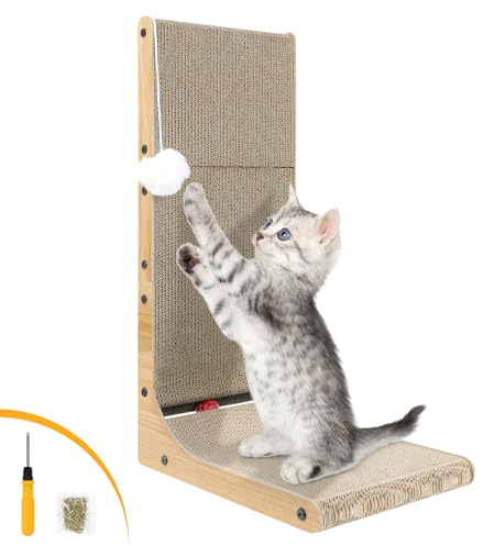 Rascador para gatos, altura de 68 cm, reversible, en forma de L, con pelota, especialmente resistente a los arañazos, cartón rascador vertical para gatos para el cuidado de las garras, tabla rascador