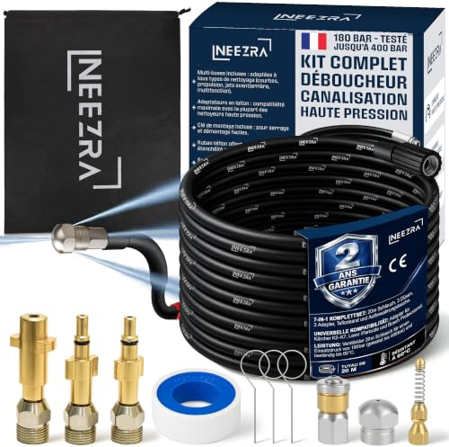 NEEZRA Kit 7-en-1 Desatascador de tuberías de alta presión 20 m – hurón Karcher con 3 boquillas giratorias, perforantes y resorte, 3 adaptadores de latón Karcher/Lavor/Bosch, cinta de teflón, 400 bar