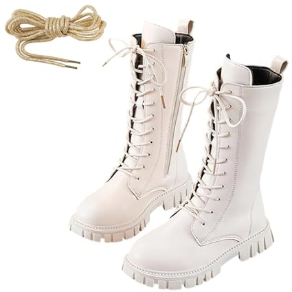 Bottes blanches pour enfants 2025, bottes de combat blanches à lacets pour filles, bottes d'équitation mi-mollet en cuir PU, chaussures imperméables pour l'hiver, bottes gothiques, cowgirl doublées en