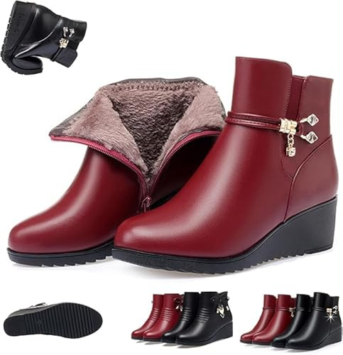 HESYSUAN Bottines à talon compensé orthopédiques pour femmes, Bottes d'hiver chaudes en cuir véritable avec plateforme, Bottes de neige imperméables avec fermeture éclair latérale, strass étincelants