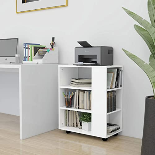 YUTAASU Mobiletto con Rotelle in Legno Multistrato Bianco, 60x35x75 cm, per Stampante e Cancelleria, Piano Rettangolare, 4 Ruote di cui 2 Bloccabili, Facile da Pulire, Assemblaggio