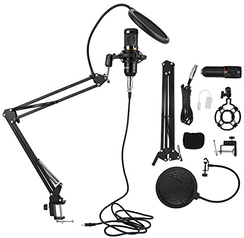 BM800 Condenser Microphone Kit, USB Professional Recording Microphone with Flexible Arm, Studio Quality Sound for PC Desktop Notebook Computer, Includes Shock Mount and Pop Filter (Black+Black)