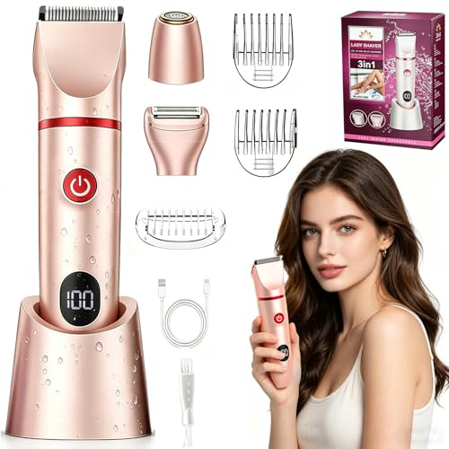 Bamkmbe Rasierer Damen,3 in 1 Intimrasierer für Frauen, Bikini-Trimmer für Frauen IPX7 Wasserdicht Nass/Trocken LED, Gesichtshaarentferner für Frauen, Trimmer für Beine, Arme, und Bikinizone (Rosa)