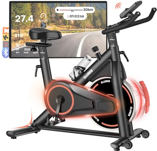 Exercise Bike, Spin Bike with App for Customized Exercise Plans, Quiet Stationary Bikes for Home Use with Adjustable Magnetic Resistance, Indoor Cycling Bike with LED Display, Black Red