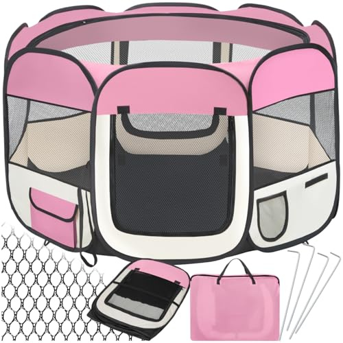 tectake® Welpenlaufstall, Tierlaufstall, Wurfkiste für Hund, Katze, Kaninchen, Auslauf, Gehege für Wohnung oder Camping - Hundezaun, Hundegitter, Auslaufgehege, Kleintiergehege - rosa