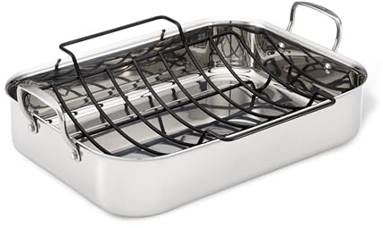 Anolon Triply Clad Stainless Steel Roaster / Roasting Pan with Rack - 17 Inch x 12.5 Inch, Silver