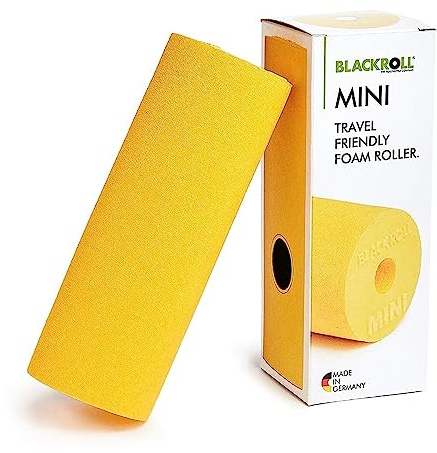BLACKROLL® Mini rollo de masaje para fascia (15 x 5 cm), pequeño rodillo de fitness para automasaje, práctico rodillo de masaje para viajes, oficina o gimnasio, dureza media, fabricado en Alemania, color amarillo
