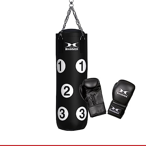 Hammer Box Set Sparring – Boxsack gefüllt 80 cm mit nummerierten Trefferflächen + Boxhandschuhe 10 oz – Inkl. Drehwirbel für sichere Aufhängung