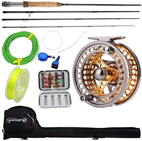 Sougayilang Fliegenfischen-Angelrolle, Combos mit Leichter, tragbarer Fliegenrute und CNC-gefräster Fliegenrolle aus Aluminiumlegierung, Fliegenfischen Komplettpaket