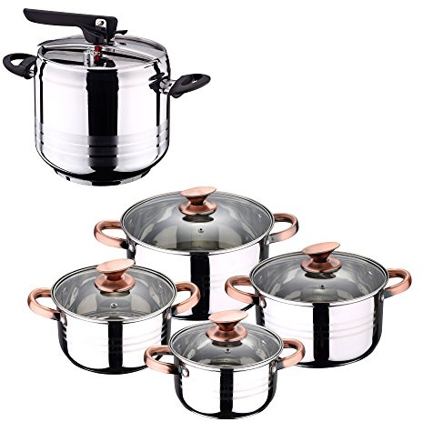 San Ignacio Set Olla PRESIÓN 7L + BATERÍA Cocina 8 PCS, Acero Inoxidable, Cromado