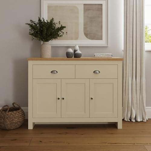 GFW Lancaster Large Sideboard, Cream and Oak Effect Storage Cabinet with 3 Doors and 2 Drawers, Country Cottage Living Room and Dining Room Furniture