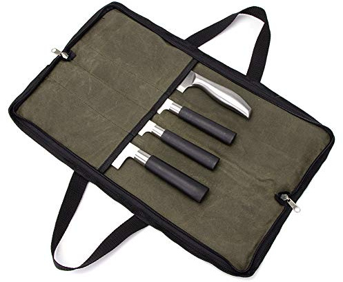 Knife Roll,Heavy Duty Knife Bag,Waxed Canvas knife Case with 4 Slots for Knives & Kitchen Tools,Chef Knife Bag with Handle.Portable Knife Roll Bag for Stroage Home Traveling Camping.Case Knives Pouch