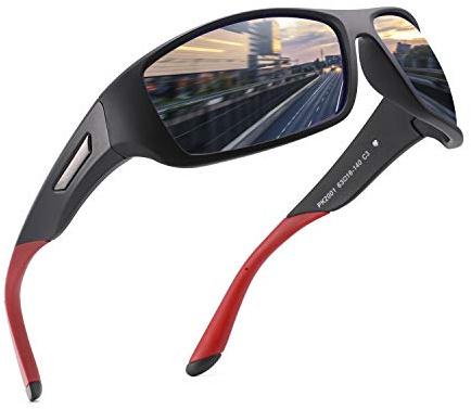 PUKCLAR Sonnenbrille Herren Polarisierte Sportbrille Radsportbrillen Fahrerbrille Damen UV400 Schutz, L, C3 Schwarz / Blau Verspiegelt