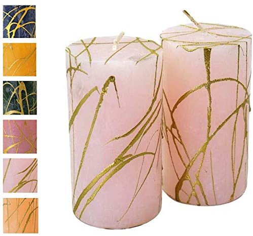 Adventljus m. gyllene mönster – 2 stycken – rustik yta – ljus/stumpljus – jul/julkrans/adventkrans (mjuk rosa, höjd: 11 cm/ 6 cm – 2 stycken)