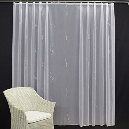 EASYHomefashion Hochwertige Gardine Fertiggardine Voile Store Schal mit Stickerei Faltenband und Bleiband weiß Milano 155 x 450 cm (HöhexBreite)
