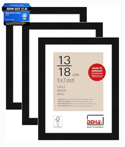 DEHA Design cadre photo, 13 x 18 cm (set de 3), bois, Noir, cadre photopour poserau format paysage et portrait, verre synthétique, Fontana