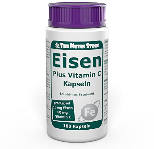 Eisen 10 mg + Vitamin C 60 mg Kapseln 180 Stk. - Acerola-Extrakt - 3 Monatsvorrat - The Nutri Store - Made in Germany