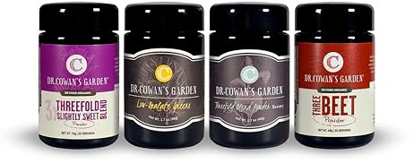 Dr. Cowans Garden Organic Vegetable Powder Gift Set. Includes Low Oxalate Greens, Three Beet, Threefold Blend Savory and Threefold Blend Slightly Sweet in 100 ml. Miron violet glass jars.