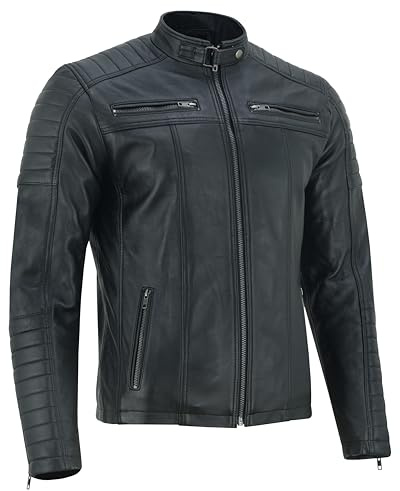 Vance The Leather Company Giacca da motociclista da uomo in vera pelle, 100% pelle di agnello, Nero , M