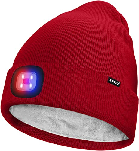 ATNKE Unisex LED Mütze mit Licht,Wiederaufladbare USB 4 LED Rot und Blau Leuchten Blinkender Laufmütze Lampe Warme Gefüttertes Fleece Stricken Mütze für Herren und Damen Geschenke/Red