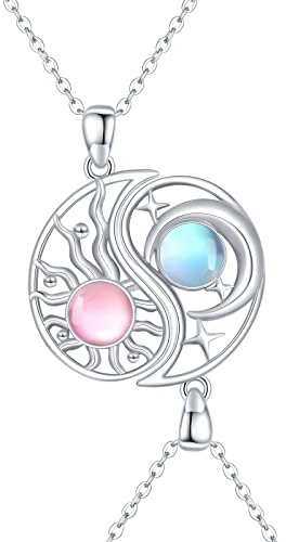2 collares BFF Luna Sol Plata de ley 925 Hermanas Collar Redondo con Cristales Piedra Lunar Sol y Luna Cadena de Amistad BFF Joyas para 2 Niñas, 21 * 14.5 mm, Plata esterlina