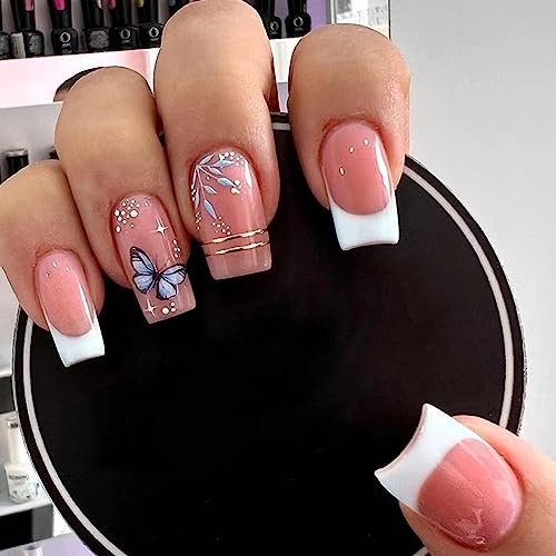 24 Pezzi Unghie Finte Corte Quadrato Ballerina - Stampa Francese Copertura Completa Acrilico Adesive Kit con Disegno - Premere Sulle Unghie per Donne e Ragazze (Farfalla)