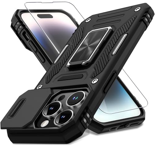 DEERLAMN for iPhone 14 Pro Case with Slide Camera Cover+Screen Protector(1 Pack),Rotated Ring Kickstand Military Grade Shockproof Protective Cover 6.1 Inch-Black