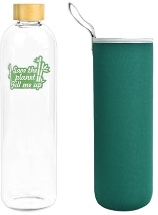 Bioidea Botella de Agua Cristal 1,5 L 1500 ML con Tapa de Bambú Vidrio Borosilicato con Funda Neopreno Verde Ecológica Save the planet fill me up Reciclable Reutilizable Libre de Tóxicos sin BPA