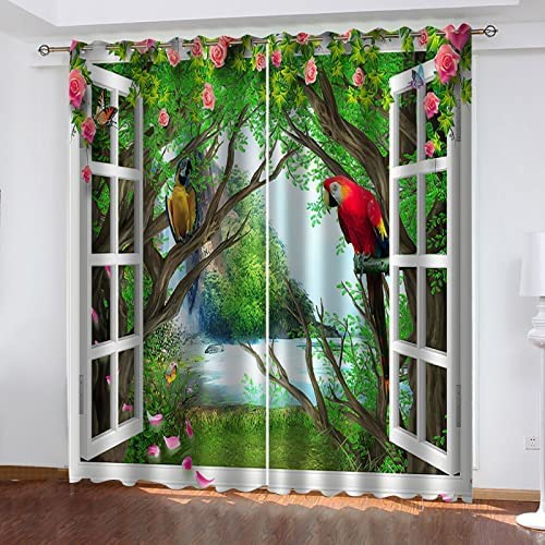Kinder Verdunkelungsvorhänge Fenster Blick Auf Den Garten 3D Polyester Ösen Vorhang, Für Wohnzimmer Schlafzimmer Blickdicht Schallschutzvorhänge 2Er Set 183 (B) X 214 (H) cm - Jungen Und Mädchen 3D G