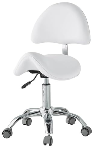 ENHEN Sattelhocker Rollhocker PU Leder -Sattel Rolling Stuhl mit Rückenstütze, Schönheitssalon/Friseurshop/Studio/Work Bar Stools, Verstellbarer Haken/Tätowierer Auf Rädern (Color : White)