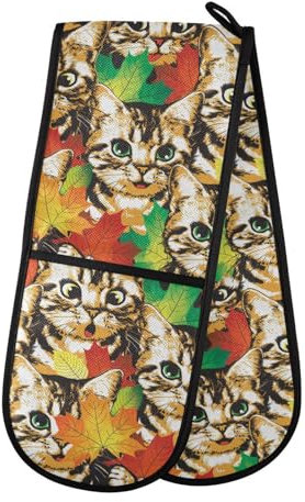 Doppelte Ofenhandschuhe, niedliche Katze, Ahornblätter, hitzebeständig, Topflappen, Ofenhandschuh, Handschuhe für Grillen, Kochen, Backen, Grillen, Mikrowelle