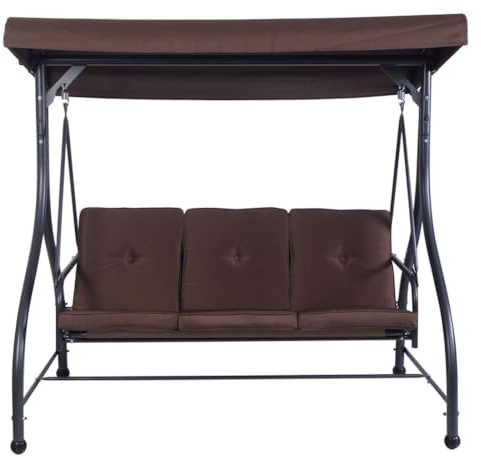 SFAREST 3 Seater Swing Chair, Hammock Bench Garden Swing Seat with Adjustable Canopy and Cushions, Outdoor Hanging Rocking Chair for Balcony Backyard Poolside (Brown)