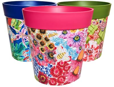 Hum Flowerpots, 25cm Set of 3, Various Patterns Colours and Sizes, Indoor/Outdoor Plastic Plant Pots (Multi Floral)