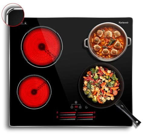Karienvir Glaskeramikkochfeld 4 Platten 60cm 6000W, Autarkes Kochfelder 4 Kochzonen mit Rahmen, Schieberegler, Sicherheitssperre, Timer, 9 Heizstufen, Passend für die Meisten Töpfe, Kein Stecker