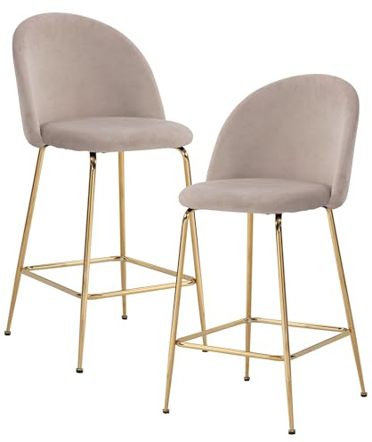 FineBuy Barhocker 2er Set Samt Beige mit Lehne, goldene Beine | Küchenhocker skandinavisch mit Metallgestell, Tresenhocker bis 110 kg, Barstuhl gepolstert mit Fußstütze